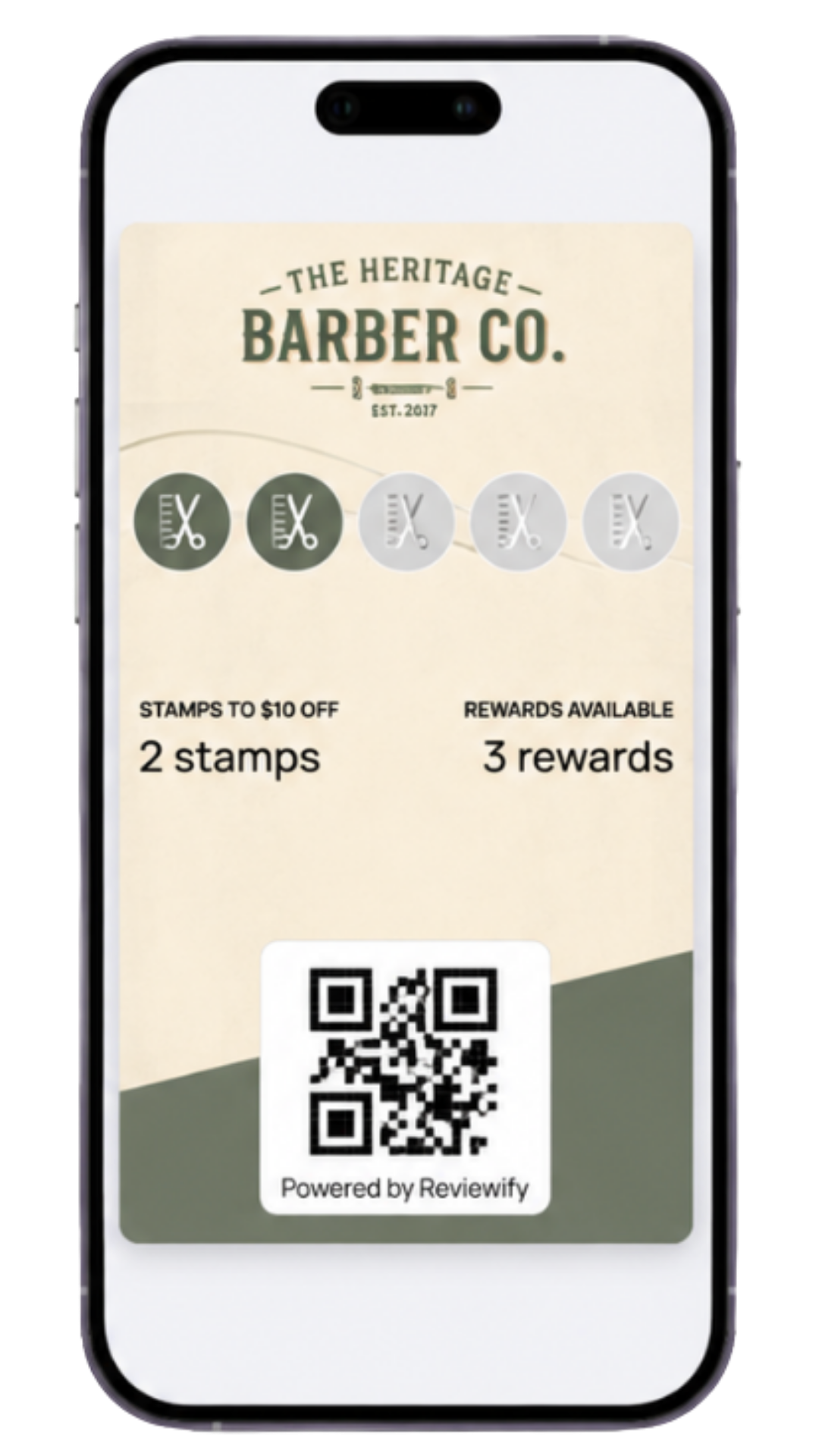 The Heritage Barber Co. digital loyalty card in a phone wallet