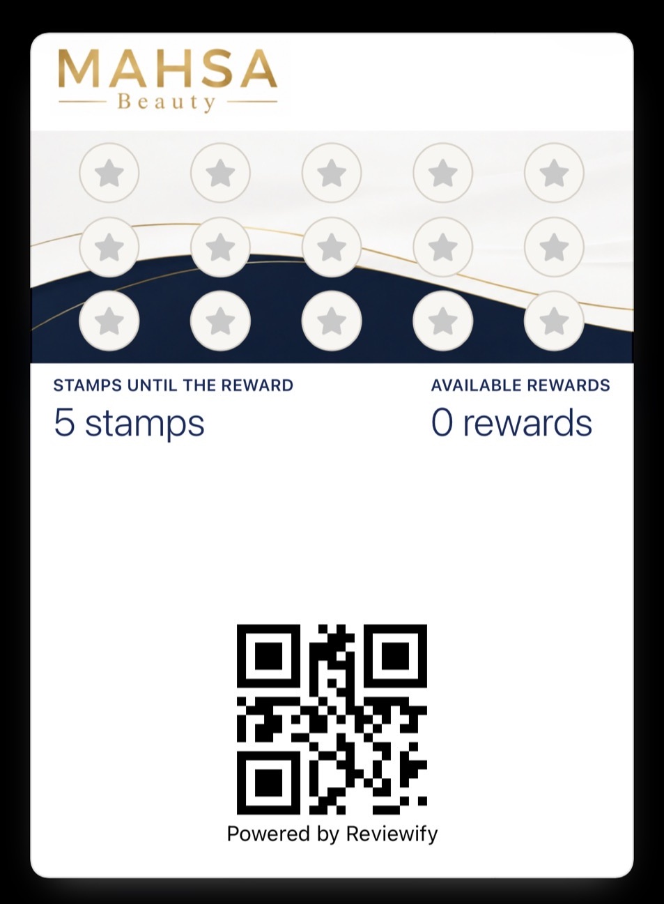 A Reviewify digital loyalty card for a beauty studio shown on a phone, with reward progress visible in the mobile wallet