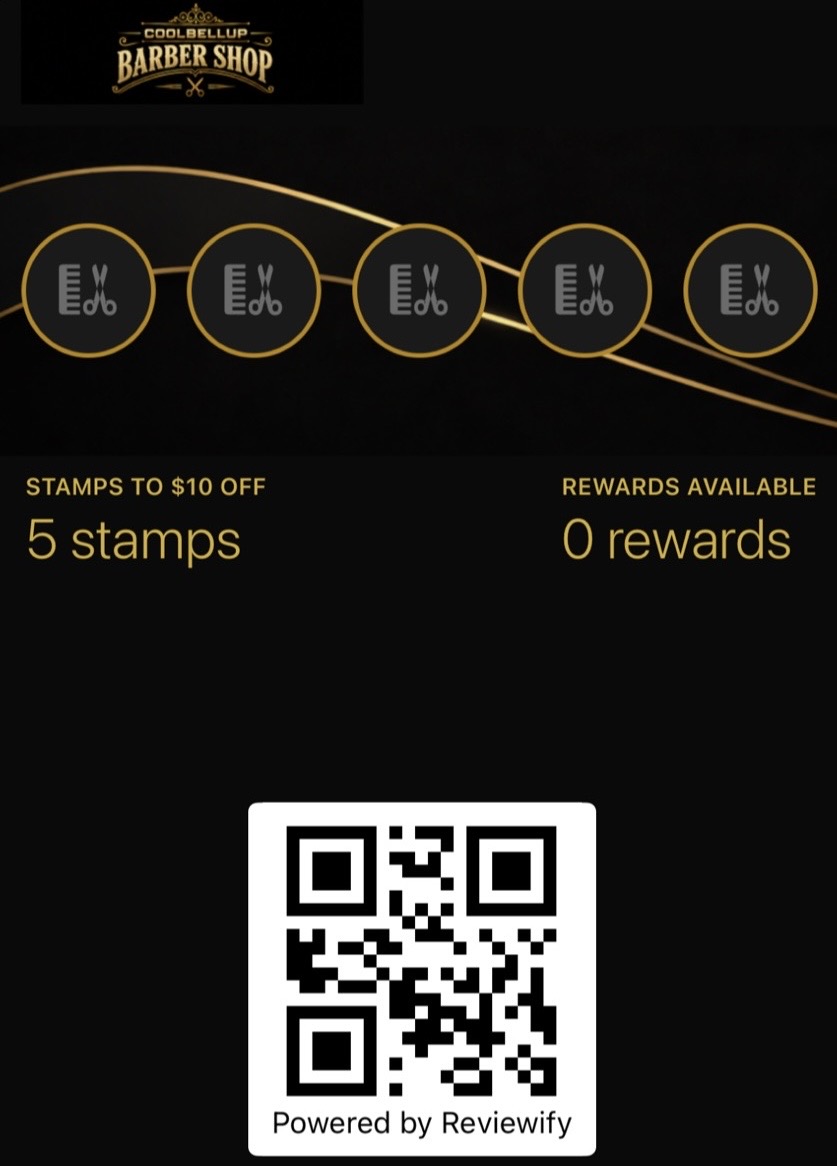 A Reviewify digital loyalty card for a barber shop shown on a phone, with visit stamps recorded towards the next reward