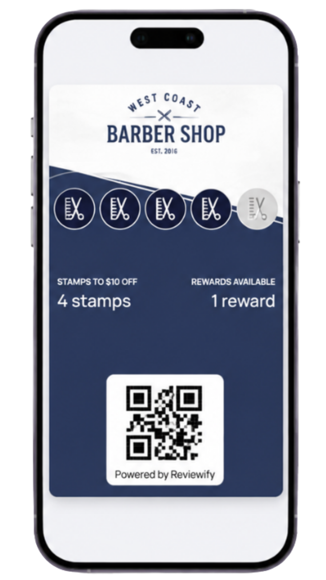 West Coast Barber Shop digital loyalty card in Apple Wallet on a phone