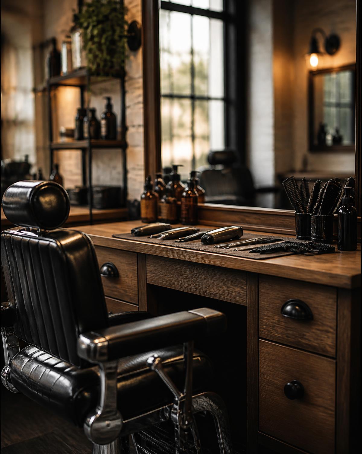 Leather barber chair and workstation with clippers and combs in a modern barbershop