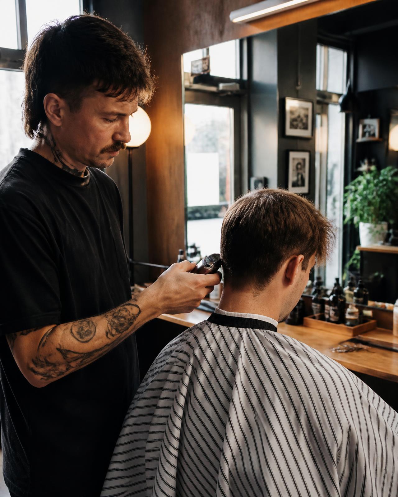 Barber cutting a client's hair in a modern independent barbershop