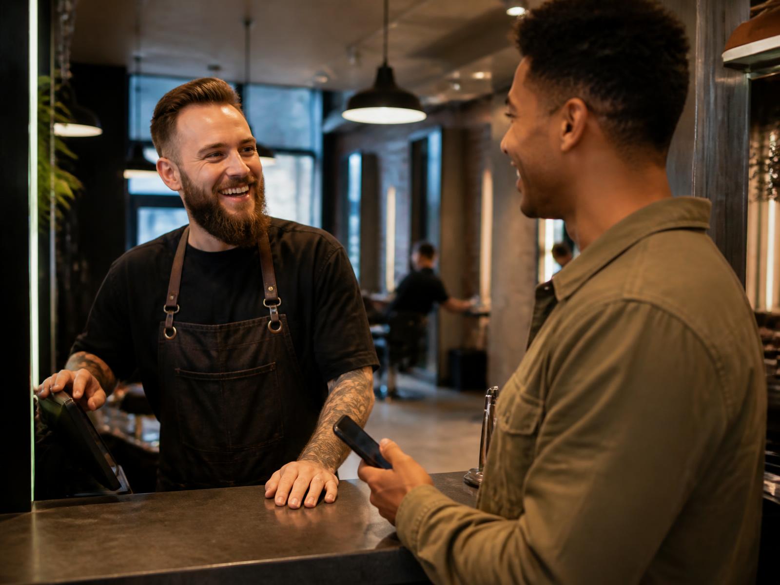 Barber talking with a customer holding his phone at the barbershop reception counter