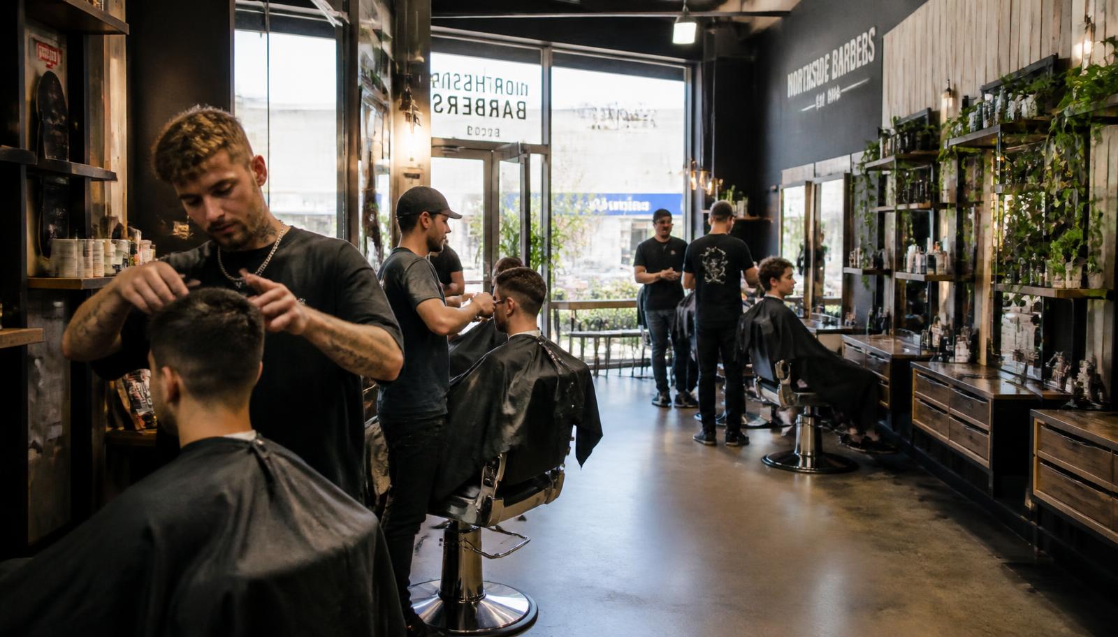 A busy barber shop with barbers working at their chairs
