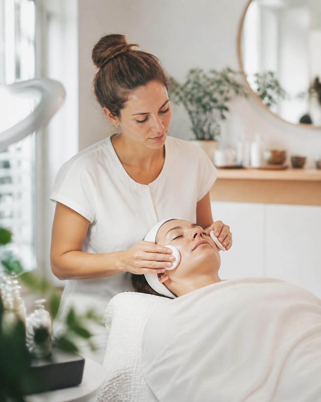 Beautician performing a facial treatment for a relaxed client