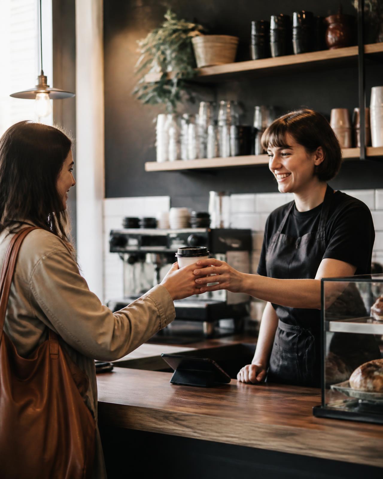 Barista handing a takeaway coffee to a regular customer