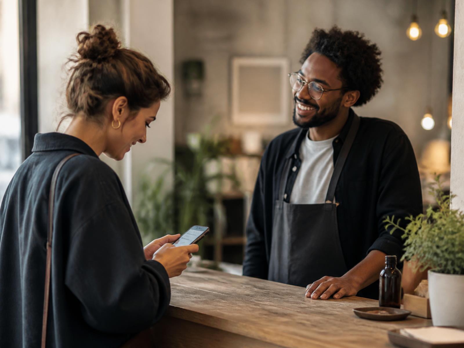 Customer checking their loyalty card on their phone at a local business counter